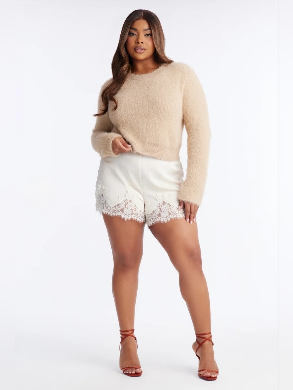 NWT Peach "Love Like This Lace Trim Satin Feel🥰 Shorts" Ivory 💯% Poly Sz Large